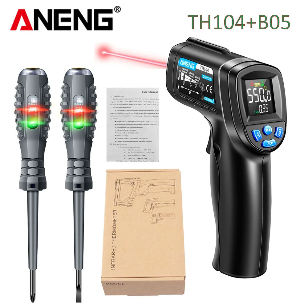 Industrial Laser Temperature Gun - 赤外線温度計工業用赤色レーザー温度計ガンVAスクリーンパイロメーターANENG 104-b05電圧テストスクリュードライバーツールキット